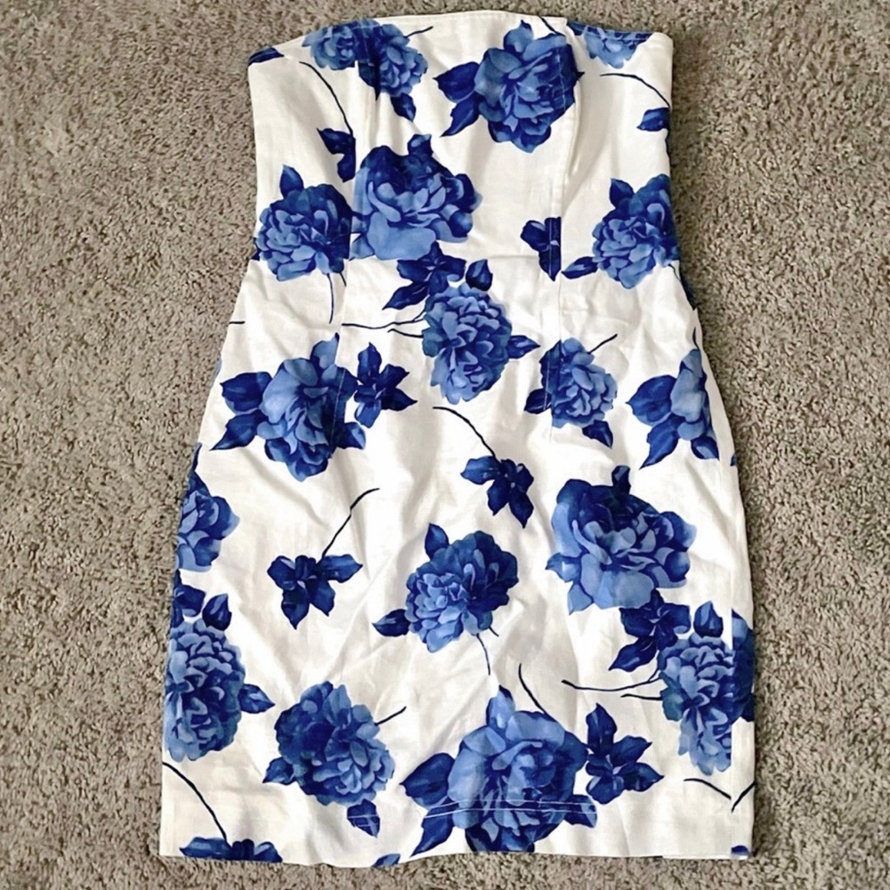 Vintage Virani Strapless Cocktail Dress - Blue & White Rose Pattern - Size 6